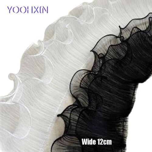 12CM Wide HOT Embroidery White black flower tulle lace fabric trim ribbon DIY sewing Ruffle applique collar fringe wedding decor