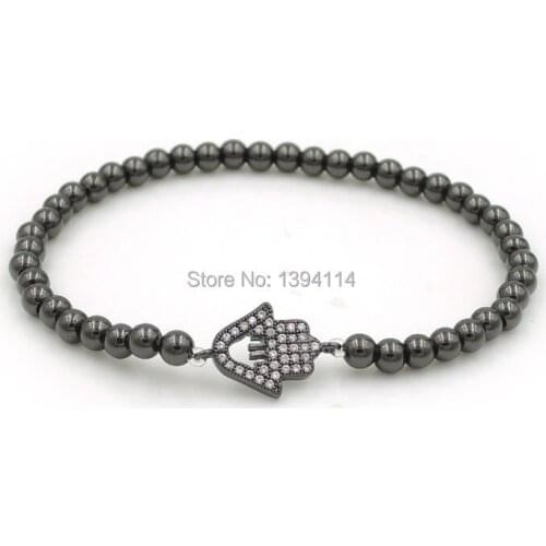 16*11*2mm Micro Pave CZ Hollow Hamsa Hand Charm & 4mm Round Beads Beaded Bracelet Jewelry