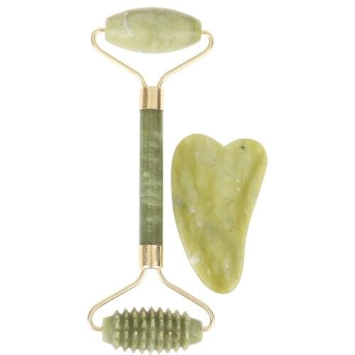 2PCS/Set Double Head Facial Beauty Massage Tool Natural Jade Guasha Board Face Neck Skin Roller Massager Health Care Tools