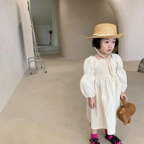 2021 New Spring Korean Style Baby Girls Dress Puff Sleeve Children Costumes Toddlers Kids Floral Printed Dresses