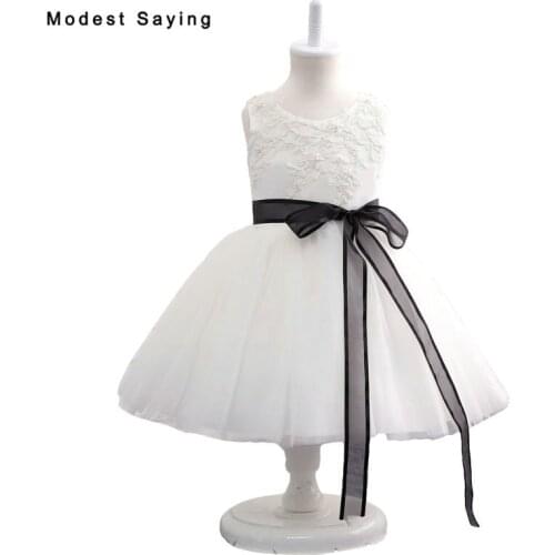 White Lace Flower Girl Dresses 2017 with Black Sash Ball Gown Pageant Gowns Beaded First Communion Dresses for Little Girls