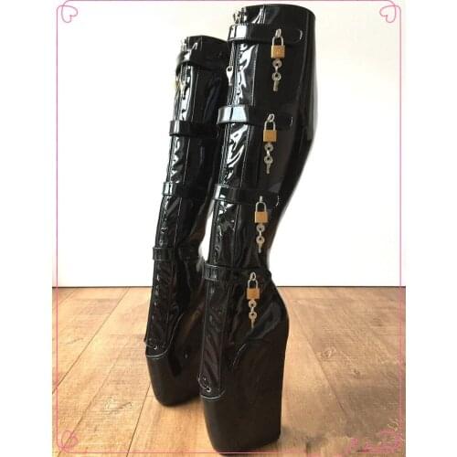 Black Knee High Boots Women Unisex 18Cm 8 Keys Lockable Beginner Ballet Wedge Boot Heelless Fetish Purple Metallic Shoes
