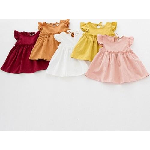 1 2 3 4 Years Childrens Clothing Summer Dress Flying Sleeve Doll Girl Baby Cotton Waist Pleated Dress White Yellow Red