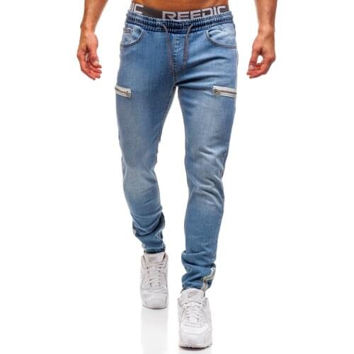 Hot Sale Frosted Zipper Elastic Waist Jeans Fashion Low Waist Mens Casual Jeans Pants Jogger Jeans for Men