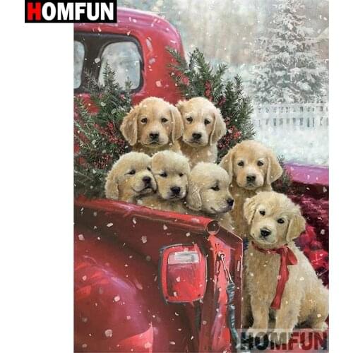 HOMFUN Full Square/Round Drill 5D DIY Diamond Painting "Car dog winter" Embroidery Cross Stitch 5D Home Decor Gift A30085