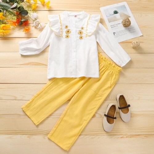 Summer Toddler Fashion Korean Baby Girls Clothing Set Flower Embroidery Ruffle Shirt+ Yellow Trousers Set