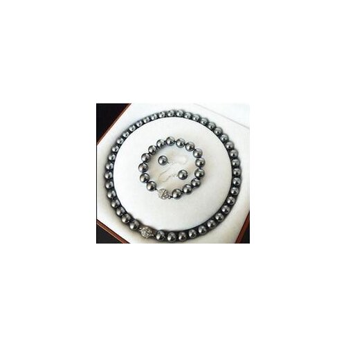 Hot sell ->@@ 10mm gray sea shell pearl necklace bracelet earrings Set 18" & 7.5"