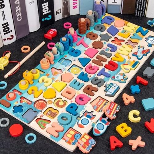 Montessori Educational Wooden Toys Seven in one Number Plate Preschool Childrens Fishing Puzzle Baby Early Education Math Toys