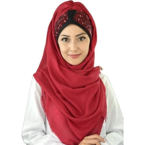 2021New Fashion Hijab Women Muslim Islamic Turban Chiffon Scarf Hat Foulard Single Piece Burgundy Sequin Red Ready Shawl