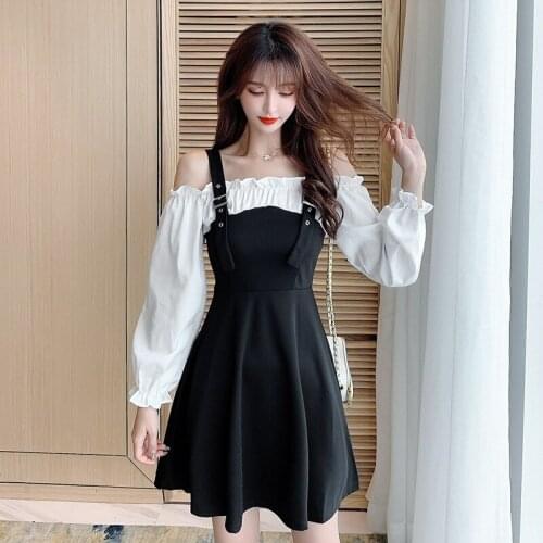 Spring 2021 new Hepburn style black dress slim waist off shoulder long sleeve fake two-piece dresses women preppy style