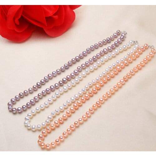 New Natural Freshwater Pearl Necklace 6-7MM Nearly circular Pearl Necklace Tibetan silver clasp