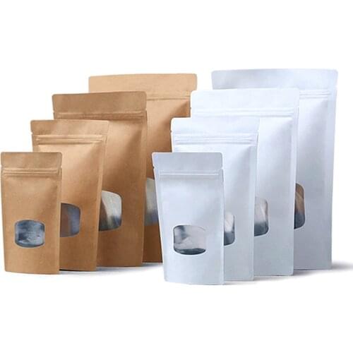 Wholesale 50pcs White/Brown Paper Small Window Zipper Bag Coffee Nuts Tea Snack Biscuit Sugar Salts Window Gifts Storage Bags