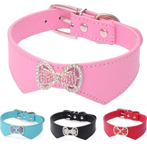 Pet Puppy Bowknot Rhinestone Collar Adjustable Neck Strap Bling Rhinestone PU Leather Leather Necklace Small Dogs Accessories