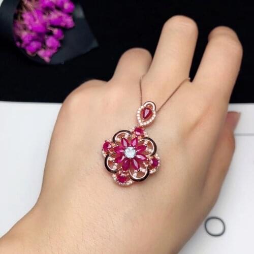 Luxury elegant flower natural red ruby gemstone pendant for necklace silver women jewelry party anniversery gift hot selling