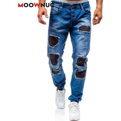 Sweatpants Casual Jeans For Men Plus Size Washed Full-Length Fashion Pant 2021 Hole Spring Fit Denim Trousers Male Brand MOOWNUC