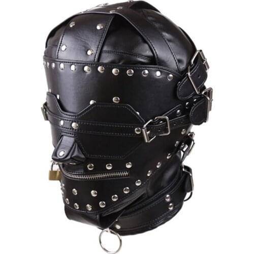 Unisex Metal Stud Finish PU Leather Bondage Hood Fetish Head Mask Slave Training Zipper Full Head Harness Costume Sex Products
