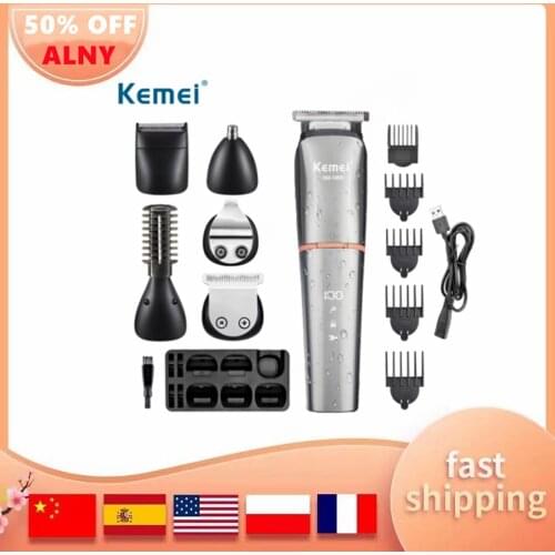 Kemei Waterproof Rechargeable Hair Clippers for Men Body Mustache Nose Hair Groomer Cordless HairTrimmer 6 in 1 Grooming Kit