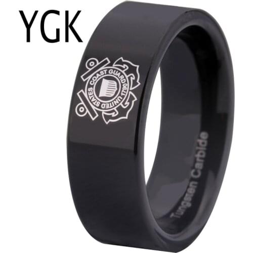 YGK Brand Jewelry Free Engraving 8MM Black Pipe Coast Guard Design New Tungsten Carbide Comfort Fit Ring for Wedding