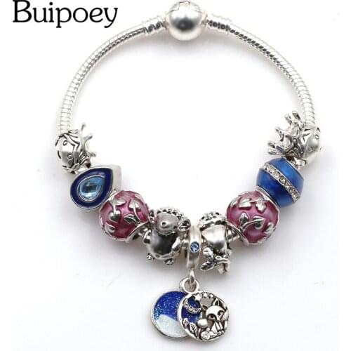 Buipoey Fashion Silver Color Magic Fox Pendant Princess Crown Heart Shaped Blue Crystal Animal Beaded Bracelet Bangle Female