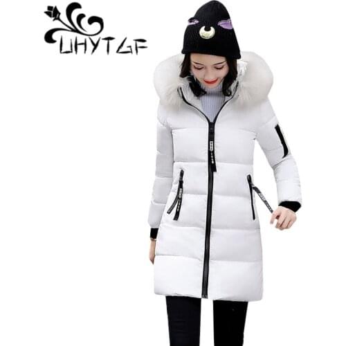 UHYTGF Winter Jacket Women Hooded Warm Coat Big fur collar Hat Long Parka Cotton Padded Jacket Female Women Wadded Plus size 130