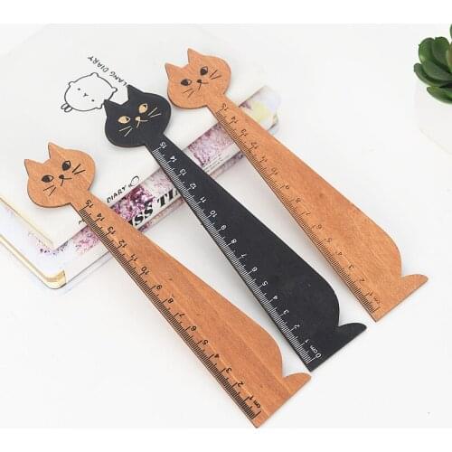 1pc Cat Wooden Ruler Brown Black Straight Ruler Wood Kawaii Drawing Tools Stationery Cartoon Gift Ruler for Kids Office School