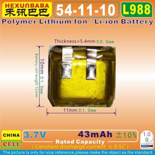 10pcs [L988] 3.7V 43mAh [541110] Polymer lithium ion / Li-ion battery for bluetooth earphone