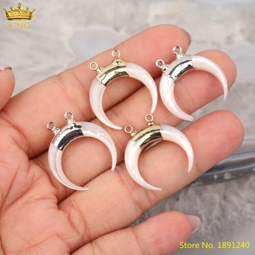 5Pcs/Lot Natural White Shell Crescent Moon Pendant Findings Bulk,Plated Gold Silvery Ox Horn Charms For Necklace Jewelry Making