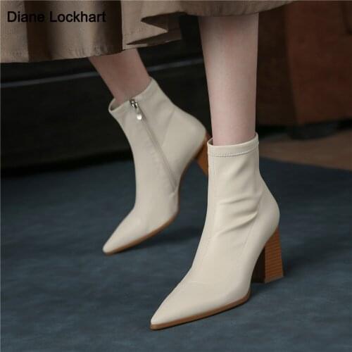 Autumn winter Fashion Women Boots Pointed Toe Yarn Elastic Ankle Boots Side zipper Thick Heel Shoes Female Casual Botas Mujer