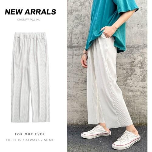 Summer Pleated Pants Mens Fashion Casual Ice Silk Pants Men Streetwear Korean Loose Straight Wide-leg Pants Mens Large Size