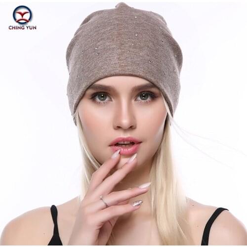 CHINGYUN Women Cashmere knit hat new soft Autumn Winter Warm Small rhinestone High Quality Female Solid Color Knitted Hat C19-15
