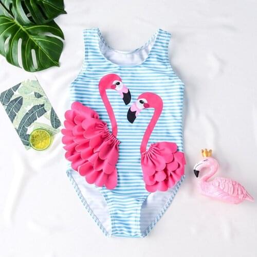 Childrens Swimsuit Girl Baby One Piece Swimsuit Girl Cute Cartoon Quick Drying Flamingo Bikini 2-3-6 Years Old
