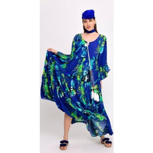 Tasseled Collar Splash Pattern Blue Color Long Boho Dress 2021 New Fashion Womens Plus Clothing. Xs Xxxl 4xl 5xl Size Range
