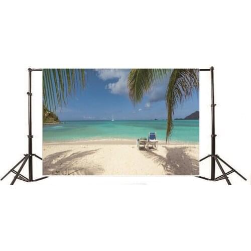 Photography Backdrop Beach Seaside Chair Coconut Tree Blue Sky White Cloud Sailboat Nature Summer Travel