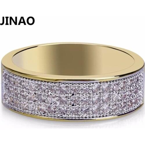 JINAO Gold Color Plated Iced Out Bling Ring Micro Pave Cubic Zircon Round Rings Hip Hop Rock Jewelry For Gifts Men And Women