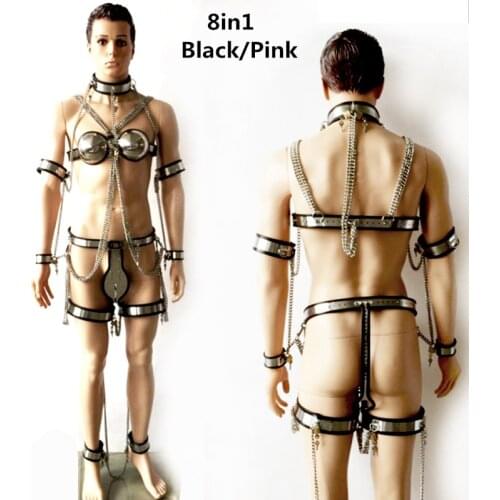 8in1 Male Chastity Belt Stainless Whole Body Bondage,Male Chastity Belt Collar Chastity Bra Handcuffs Thigh Rings for Adult Toys