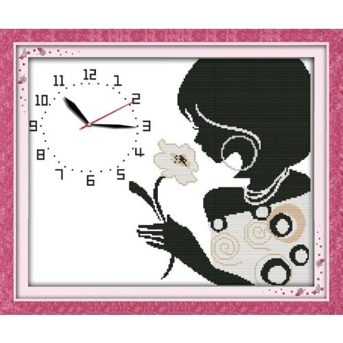 Charming sniffing girl cross stitch kit 14ct 11ct count print canvas wall clock stitching embroidery DIY handmade needlework