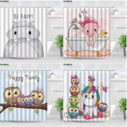 FILMILIL Funny Cartoon Owl Children Shower Curtains Set Cute Animal Hippo Unicorn Kids Home Decor Polyester Bathroom Bath Screen