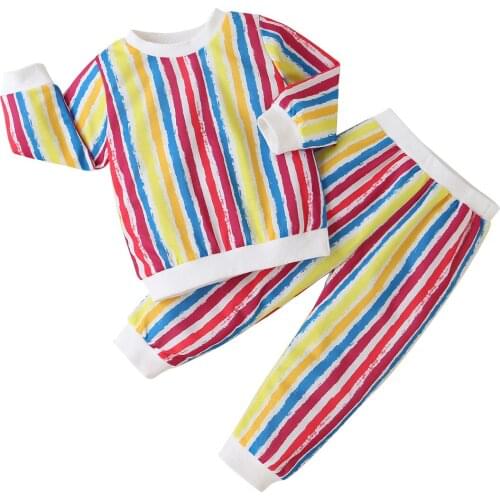 2020 Baby New Kids Little Girls Outfits Fashion Casual Long Sleeve Round Neck Knitted Top + Long Pants Striped Suit 2-Piece