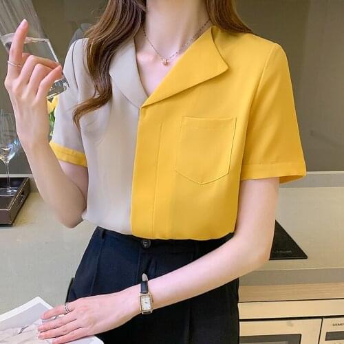 2021The New summer Contrasting lapel Casual Ladies Shirts Women Loose Short Sleeve Korean style Blouse