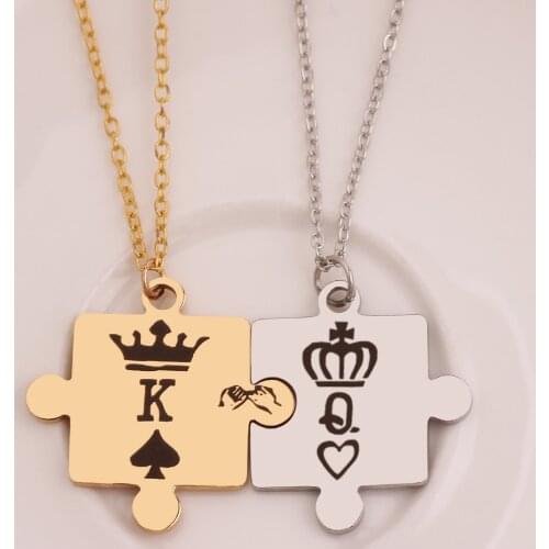 Letters K & Q Couple Necklaces with Crown Stainless Steel Tag Pendant Necklace King & Queen Engraved Men Jewelry Gift