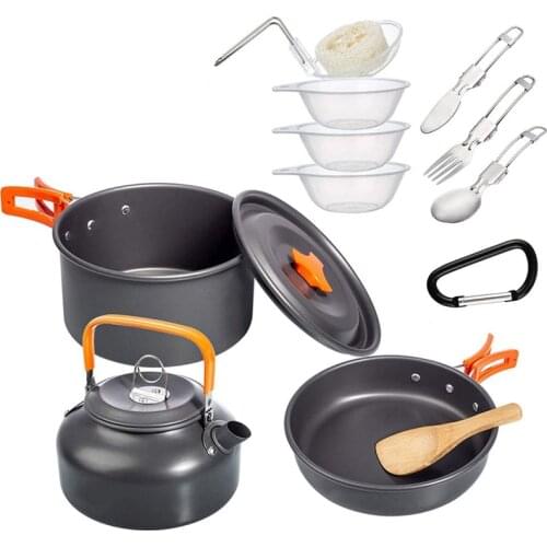 Camping Cookware Mess Kit, Lightweight Pot Pan Kettle with Tongs, Folding Fork Spoon for Outdoor Camping Backpacking