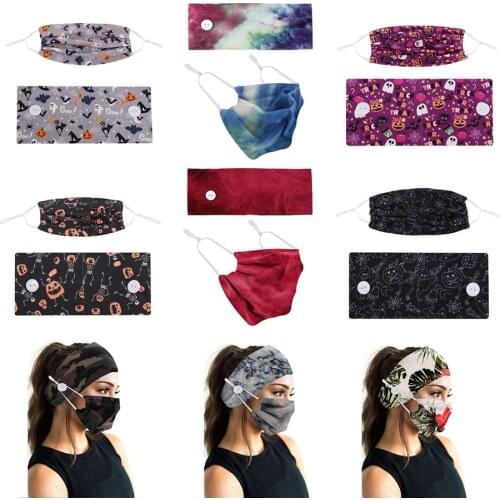 High Quality 2 Pcs/Set Headband Button with Face Mask Women Yoga Sports Elastic Headband Cloth Turban Head Wrap Hair Bandanas