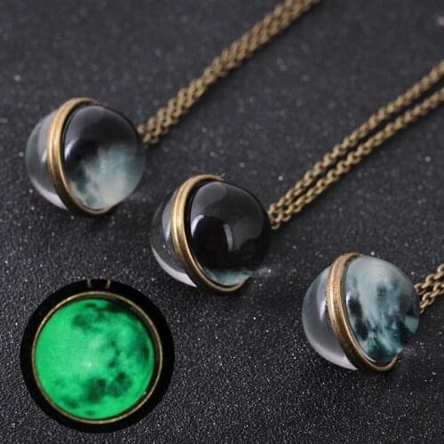Retro Double Sided Glass Ball Time Gem Luminous Moon Pendant Necklace for Women Fashion 2020