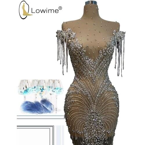 Luxury Full Crystal Illusion Evening Dresses Sexy See Through High Neck Knee Length Mermaid Evening Gowns Custom Made Couture