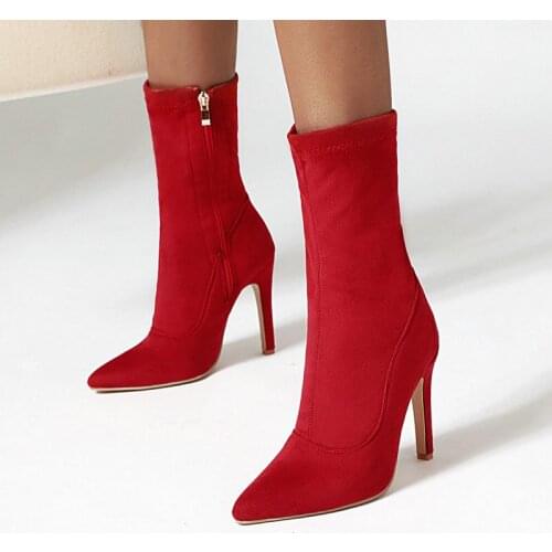 New Winter Super Stretch Female Solid Color Mid Calf Boots Sexy Super High Heel Pointed Shoes Ladies Flock Frosted Fashion Boots