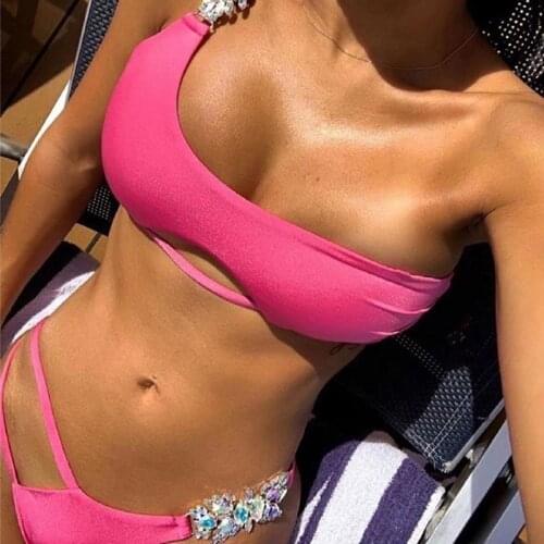 Sexy One Shoulder Crystal Diamond Bikini Women Swimsuit Female Swimwear Two pieces Bikini set Brazilian Bathing Suit Swim