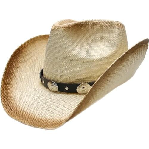 Punk Style Womens Mens Unisexs Summer Straw Wide Brim Beach Western Cowgirl Fedora Cowboy Hat Alloy Beads Leather Band (58CM)
