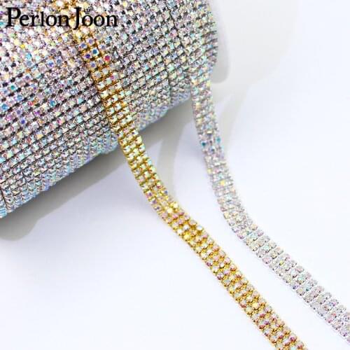 Three rows AB Rhinestones gold Copper claw base trim Crystal strass decoration chain on colthing bag shoes sew accessories ML123