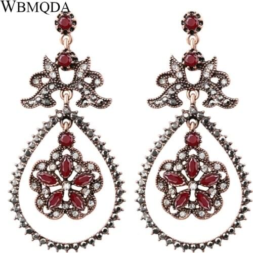 Wbmqda Unique Fashion Red Crystal Hollow Flower Earrings For Women Gold Color Water Drop Earrings Indian Jewelry Wholesale