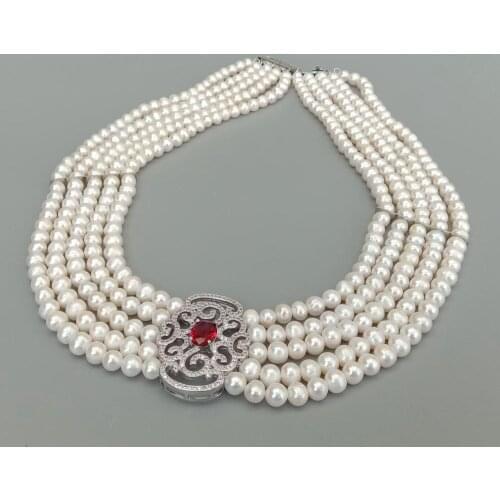 YYGEM 5 Strands Genius Cultured White Round Freshwater Pearl Choker Necklace Cubic Zirconia Pave Pendant Fashion Women Jewelry